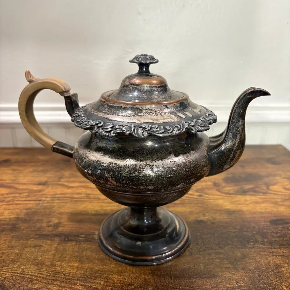 Antique Footed Tea Pot‎ Silver Plated Copper with Wood Handle Patina Shabby Chic